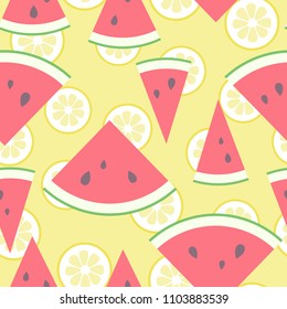 Vector illustration: seamless pattern with yellow  flat lemon pieces icons and cone red watermelon slices isolated on yellow background