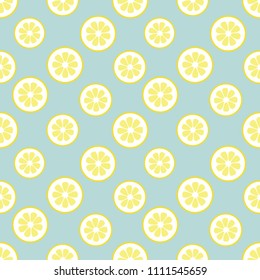 Vector illustration: seamless pattern with yellow  flat lemon circle pieces icons in chess order in retro style isolated on blue background