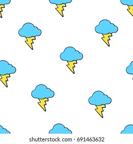 Vector illustration. Seamless pattern with yellow electric lightning bolts and blue clouds on white background. Weather symbol. Pattern with contour