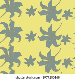 vector illustration seamless pattern,blue lilies with a gray outline on a yellow background,botanical print for furniture,wallpaper or fabric