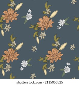 Vektorgrafik, nahtloses Muster, Bouquet mit gemischten Blumen, üppige Rudbeckia und Lilie, dunkelblauer Hintergrund, für Tapeten oder Möbel