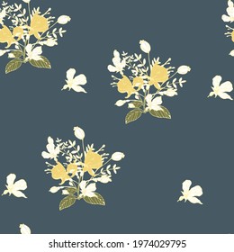 vector illustration seamless pattern,bouquet of yellow flowers,box of poppy and leaves on blue,botanical print