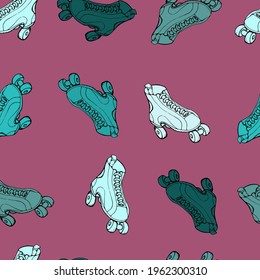 vector illustration seamless pattern,bright print,roller skates in different shades of blue on a bright fuchsia background