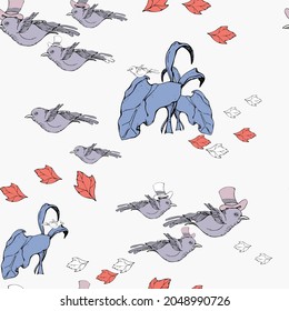vector illustration seamless pattern,flock of birds,autumn leaves,blue leaves of grass on a light background,for wallpaper,fabric or furniture