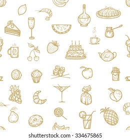 Vector illustration. Seamless pattern.Hand drawing icons snacks, fruit and dessert.Brown color on a light background.