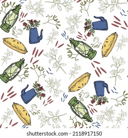 VECTOR ILLUSTRATION SEAMLESS PATTERN,HOME COMFORT PRINT ,PIE,KEROSENE LAMP,JAR WITH FLOWERS,BRANCHES WITH LEAVES,FOR WALLPAPER OR FABRIC,TABLECLOTH