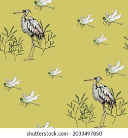 vector illustration seamless pattern,large gray stork,small green dragonfly,green grass on a light green background,for wallpaper,fabric or furniture