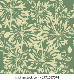 vector illustration seamless pattern,light green agapanthus flowers on a dark green background,branches of grass and a box of poppy,for wallpaper,fabric or furniture svg