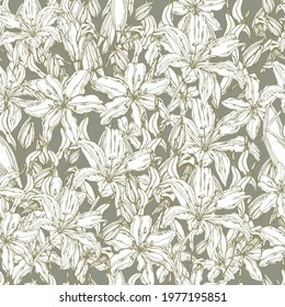 vector illustration seamless pattern,lily flower on gray background,monochrome,botanical print,for wallpaper or fabric