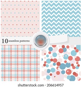  Vector illustration of seamless patterns, in contrast color, arranged in a set. Endless texture can be used for wallpaper, pattern fills, web page background, surface textures.
