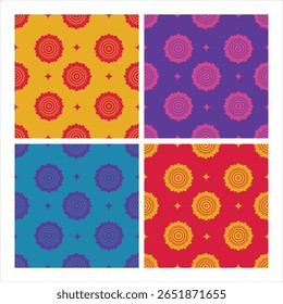 Vector illustration of seamless patterns featuring geometric floral designs, mandala and Rangoli in vibrant color palettes