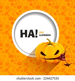 Vector illustration of seamless patterns for a happy Halloween party. Pumpkin eats heart with splashes of blood. Use brochures, printed materials, banner, greeting, card.