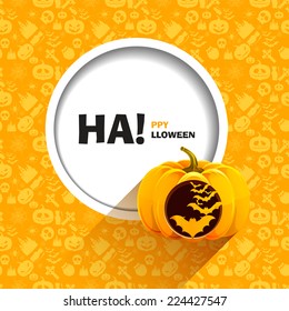 Vector illustration of seamless patterns for a happy Halloween party. Realistic pumpkin with a carved bats flying of it. Use brochures, printed materials, banner, greeting, card.