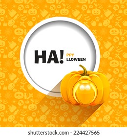Vector illustration of seamless patterns for a happy Halloween party. Owl carved on a pumpkin shining from inside. Use brochures, printed materials, banner, greeting, card.