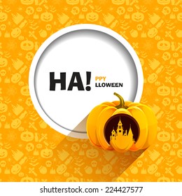 Vector illustration of seamless patterns for a happy Halloween party. Gothic castle of horrors carved pumpkin. Use brochures, printed materials, banner, greeting, card. 