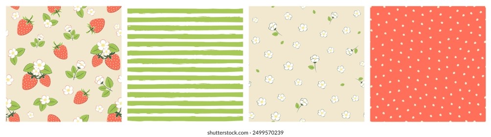 Vector illustration. Seamless patterns in orange, beige and green tones, strawberries, flowers, dots, hearts. Fruits, summer, vacation, fabric design, wrapping paper