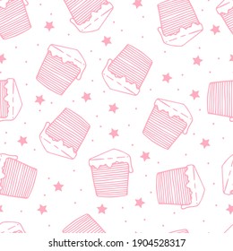Vector illustration. Seamless patterns with pink pieces of multi-layer Cakes and Stars on white. Holiday decoration. Hand drawn doodle clipart. For menu,  children project, fabric, textile, wrapping. 