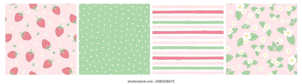 Vector illustration. Seamless patterns in pink tones, strawberries, flowers, dots, stripes. Fruits, summer, vacation, fabric design, wrapping paper