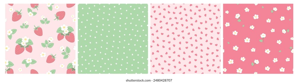 Vector illustration. Seamless patterns in pink tones, strawberries, flowers, dots, hearts. Fruits, summer, vacation, fabric design, wrapping paper