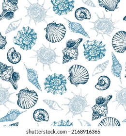 Vector illustration - seamless patterns of seashells. Marine background for invitations, postcards, posters, prints, flyers, etc.