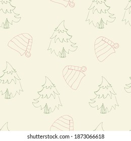 vector illustration seamless pattern,simple drawing of Christmas trees and Santa hats on a craft background,for packaging or fabric