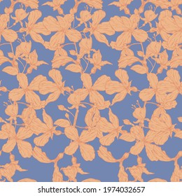 vector illustration seamless pattern,weave small orange colors on a blue background,botanical adopted,for wallpaper,fabric and furniture