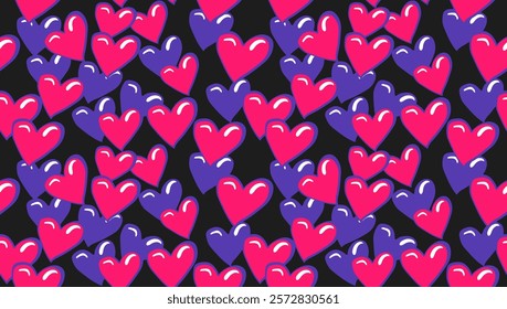 Vector illustration of seamless pink and purple heart pattern in glossy style on black background. It gives a bright, bold and energetic feel to your greeting card designs, packaging, love and fun 