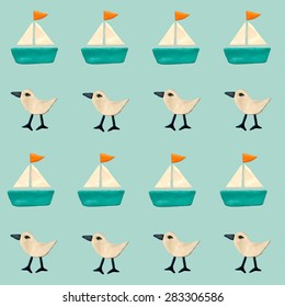 Vector illustration of  seamless with plasticine seagull and ship