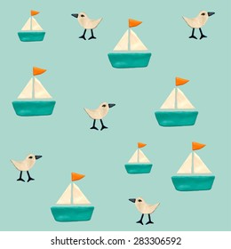 Vector illustration of  seamless with plasticine seagull and ship
