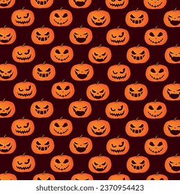 Vector illustration. seamless pumpkin background with carved different grimaces on a dark background.