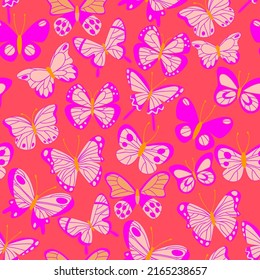 vector illustration for seamless red background with butterfly in cute cartoon style