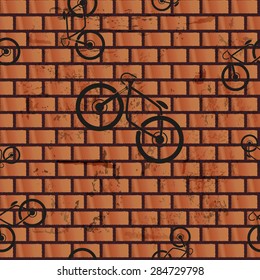 Vector illustration of seamless red brick wall with bicycles