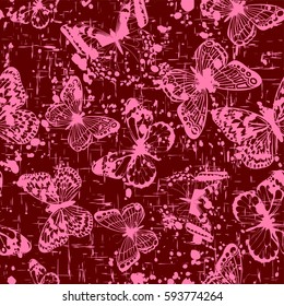 Vector illustration seamless red grunge background with abstract butterfly for print on textile or paper
