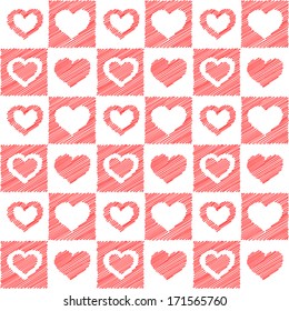 Vector illustration - seamless red hearts sketch. The sample of seamless texture is in the Swatches panel.