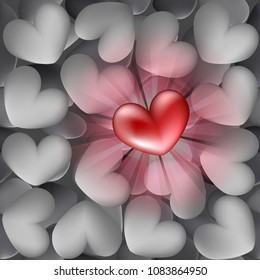 Vector illustration seamless - red hot glowing heart on a pile of stone gray hearts, image how to find your love among indifference.