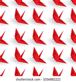 Vector illustration of seamless red paper origami bird on white background
