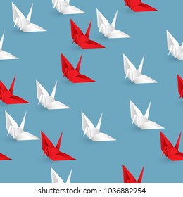 Vector illustration of seamless red and white paper origami bird on blue background