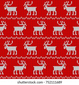 Vector illustration seamless red and white knitted background with deer.