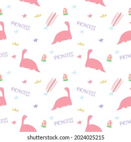 Vector illustration of seamless repeat pattern of cute princess pink dinosaur animal wildlife with egg and star with text princess on white background. Birthday card template. Pink Dino.