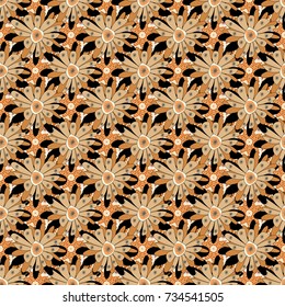 Vector illustration. Seamless repeat pattern with flowers in orange, black and yellow colors. Seamless pattern for fabric, gift wrap, wall art design.