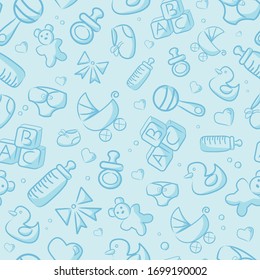 A vector illustration of a seamless repeating background of cute blue baby objects