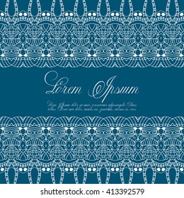 Vector illustration of a seamless repeating crochet. Lace knitting seamless pattern on blue background.