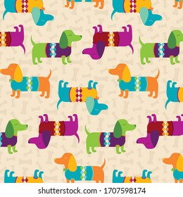 A Vector Illustration Of A Seamless Repeating Pattern Of Cute Well Dressed Fancy Colorful Dachshund Wiener Dogs On A Tan Background With Dog Bones