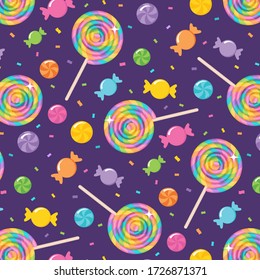 A Vector Illustration Of A Seamless Repeating Pattern Of Colorful Rainbow Swirl Lollipops And Candy