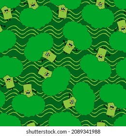 vector illustration, seamless repeating pattern, broccoli cabbage on green background, emoji