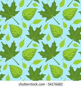 Vector illustration of a seamless repeating pattern of Summer leaves over blue sky background. Illustration is composed from four separate grouped tiles.