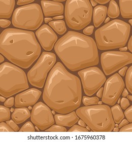 Vector illustration seamless rock pattern, stone wall, rocks or stones textures pattern, cartoon style. Rubble background, wallpaper design, wrapping and surface decoration. Old cobblestone structure.