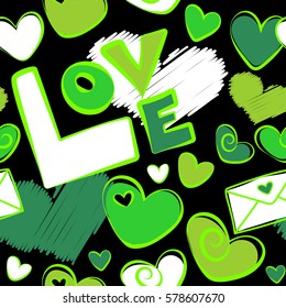 Vector illustration. Seamless vector Saint Valentines Pattern in green and white colors on a black background.
