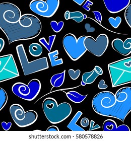 Vector illustration. Seamless vector Saint Valentines Pattern in blue colors on a black background.