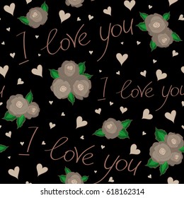Vector illustration. Seamless vector Saint Valentines Pattern in brown and beige colors on a black background. Valentines day background.